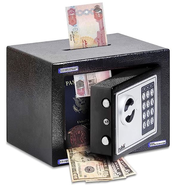Rubik Mini Safe Box With Drop Slot, Digital Lock & Key (17x23x17cm) Black