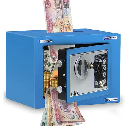 Rubik Mini Safe Box With Drop Slot, Digital Lock & Key (17x23x17cm) Blue