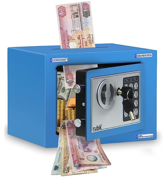 Rubik Mini Safe Box With Drop Slot, Digital Lock & Key (17x23x17cm) Blue