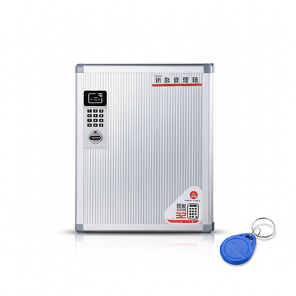 Glosen AM9032 32 Key Cabinet white background with blue RFID key tag