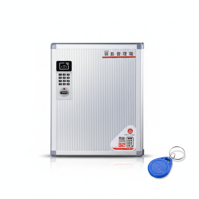 Glosen AM9032 32 Key Cabinet white background with blue RFID key tag