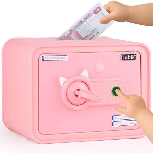 Children's Fingerprint Piggy Bank Safe Box with Deposit Slot, For Kids Girls Boys RB-ZW18F (Pink)