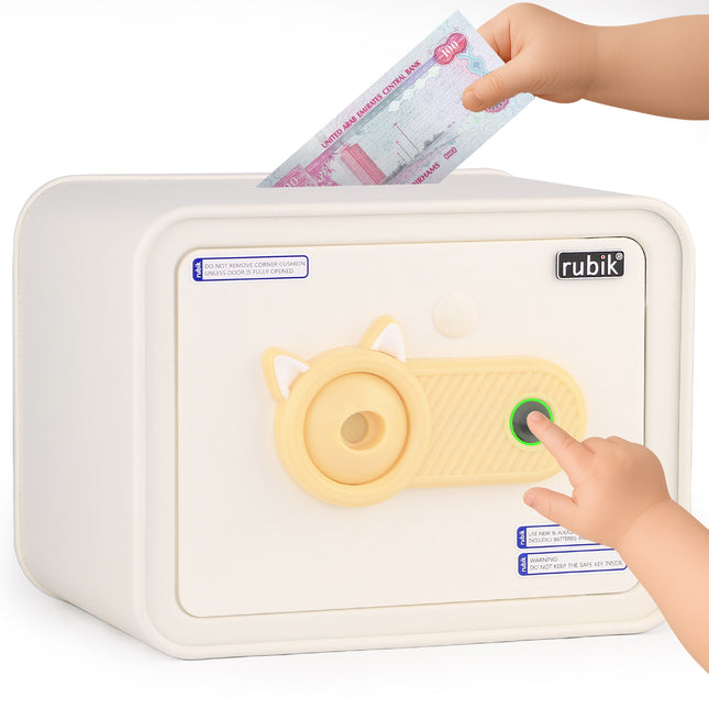 Children's Fingerprint Piggy Bank Safe Box with Deposit Slot, For Kids Girls Boys RB-ZW18F (Off-white)